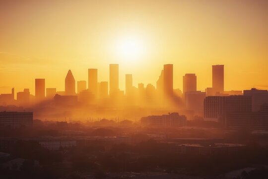 Apocalyptic city skyline in orange haze with silhouetted buildings and dramatic sky at sunset - Powered by Adobe