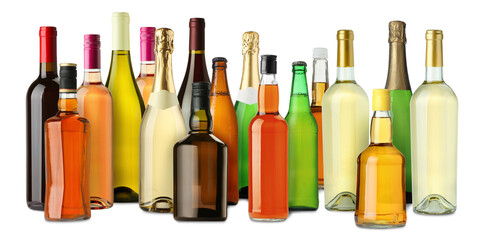 Bottles with different types of alcoholic drinks on white background, set
