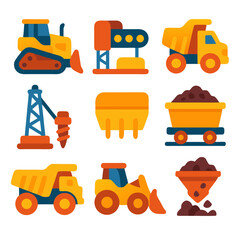 set of mining machines and trucks