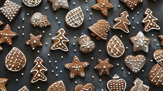 Festive holiday gingerbread cookies, decorated with icing on a dark background, with edible white sprinkles. Holiday theme