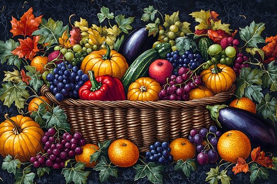 Abundance Basket Overflowing with Harvest Fruits, Vegetables, and Colorful Autumn Leaves Painting - Powered by Adobe