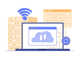 Laptop Computer Syncing Cloud Computing Server via Wi-Fi Signal for Internet and Wireless Connection Technology Concept Illustration