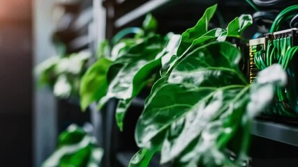 Lush green leaves partially obscure a server rack's intricate wiring and components, suggesting a blend of nature and technology - Powered by Adobe
