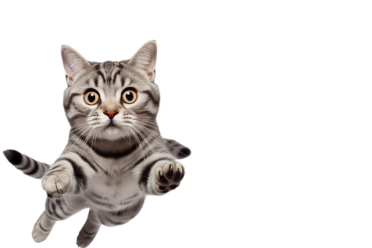 Flying Tabby Cat:  Studio Shot of a Gray Cat in Mid-Air isolated on transparent background png