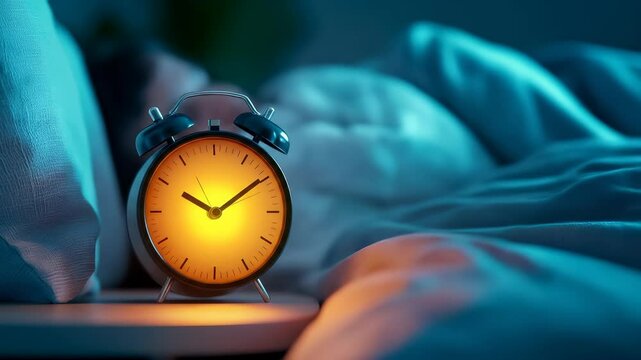 Alarm clock night bedroom sleep person blanket cozy warm light creates peaceful bedtime mood with glowing time bedside