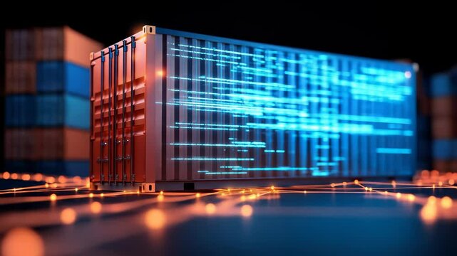 Shipping container technology digital data blue orange futuristic logistics network innovation with illuminated cargo and glowing