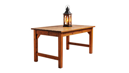 A camping lamp is placed on the table.