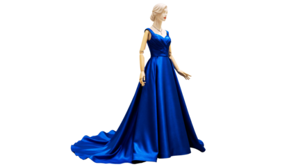 Elegant woman in a long blue evening gown posing with grace and glamour
