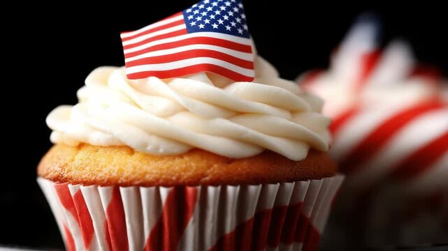 Delicious vanilla cupcake with creamy frosting and mini American flag decoration for festive occasions