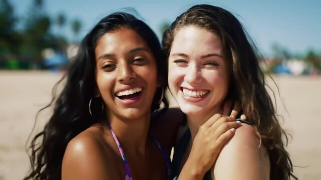 happy woman hugging girl friend on beach giving suprise kiss on cheek best friends having fun summer vacation 
