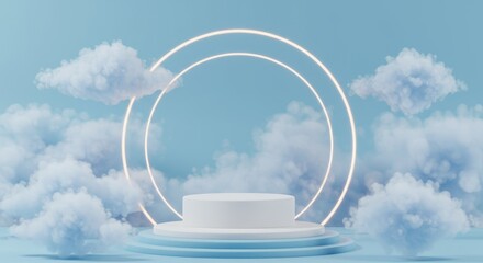 3D Pastel Podium with Soft Clouds and Neon Circle Background Scene
