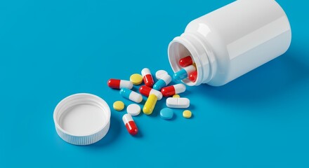 3D Pill Bottle Medicine Capsules Scattered on Blue Background Illustration