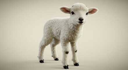 Fototapeta premium 3D Rendering Cute Lamb Portrait with White Woolly Fur on Beige
