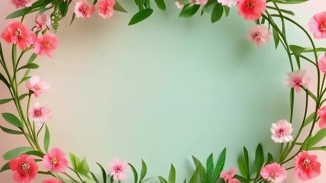 Pink floral frame with spring flowers and rose border