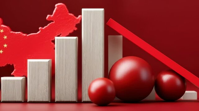Bar chart China map red economic decline sphere financial crisis with bar graph red arrow showing China economic decline