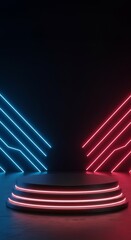 Abstract 3D Neon Podium With Red And Blue Light Lines On Black
