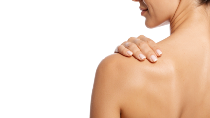 Beautiful naked woman's back, healthy skin and slim torso, hands massaging her shoulder and neck, symbolizing health, beauty, and pain relief through spa and healthcare