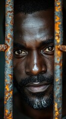 Intense gaze of a man behind rusty bars, reflecting struggle and resilience in a confined space