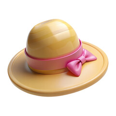 Fototapeta premium Yellow Straw Hat with Pink Band 3d icon in cartoon plastic style minimal isolated on transparent white background, clipping path