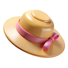 Yellow Straw Hat with Pink Band 3d icon in cartoon plastic style minimal isolated on transparent white background, clipping path