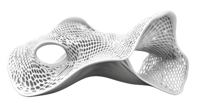 Abstract organic mesh structure with smooth flowing curves and dynamic geometric pattern isolated on white background