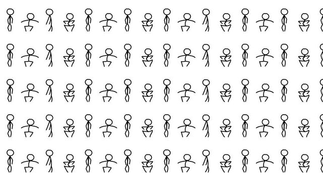 Animation of small people squatting, simulating sports exercises.