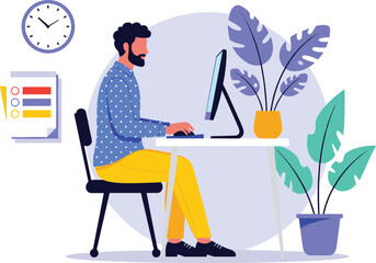 Work on the computer concept. Vector cartoon illustration of a young black man who performs the tasks assigned to him while working on a computer. Isolated on white