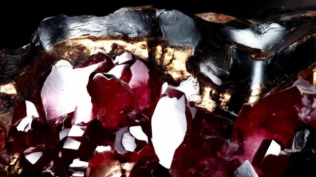 Abstract crystalline mineral surface with dark facets, red reflections, golden shimmer and light highlights.