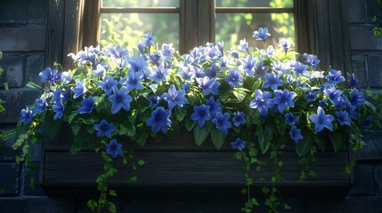 Fototapeta premium Sunlit Blue Flowers Window Box with Spring Blooms.