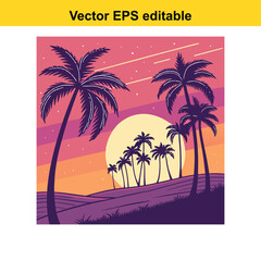 Fototapeta premium Sunset Palm Trees Silhouette Tropical Landscape Vector Illustration