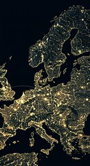 Aerial Abstract Illustration of City Lights at Night in Europe Map