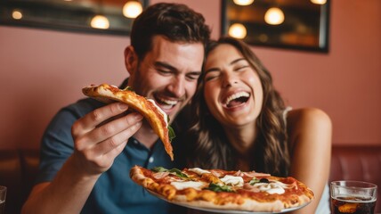 Joyful young couple enjoying pizza at a cozy restaurant