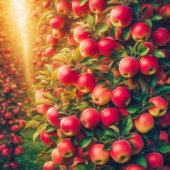 Harvest of red apples on a tree in the garden. Selective focus. Food.