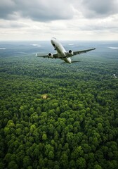 Airplane Flying Above Green Forest Cloudy Sky Scenic Photo