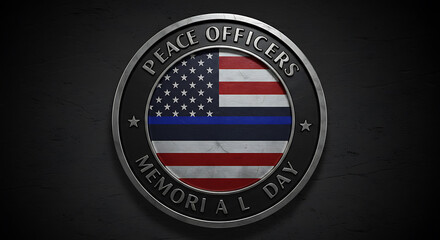 Peace Officers Memorial Day Emblem with Thin Blue Line Flag on Dark Background