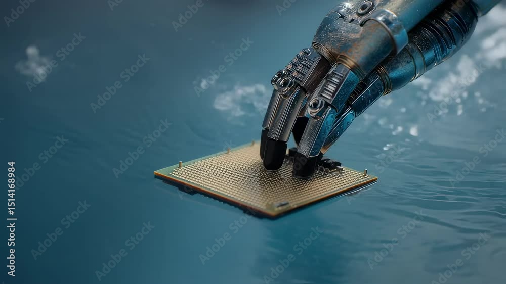Poster metallic robotic arm smoothly navigating underwater, precisely gripping delicate microchip while gen