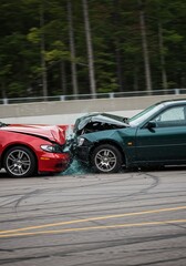 Automobile Crash Shows Two Cars Colliding Resulting Serious Damage