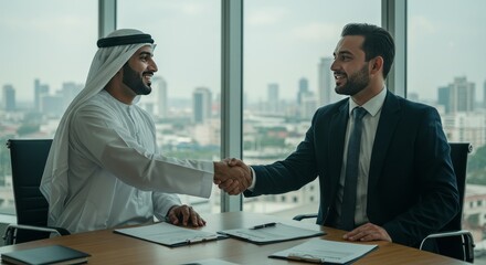 Business Photo Middle Eastern Men Handshake Signifying Successful Agreement