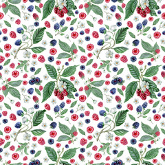 Raspberry and blackberry botanical print. A seamless pattern featuring luscious raspberries and blackberries on their branches,  in a delicate botanical style. Perfect for textile or wallpaper design.