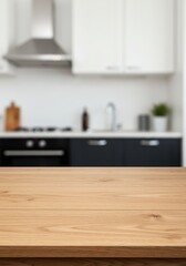 Blurred Kitchen Interior with Wooden Table Top Photo Background