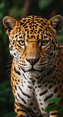 Fototapeta premium Close Up Portrait of a Jaguar with Intense Eyes in a Green Jungle