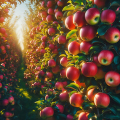Harvest of red apples on a tree in the garden. Selective focus. Food.