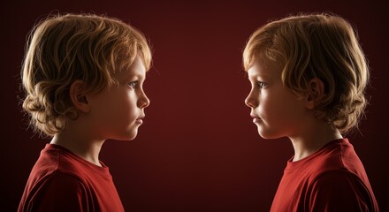 Artifical Image of Two Boys Reflection Face to Face Portraits