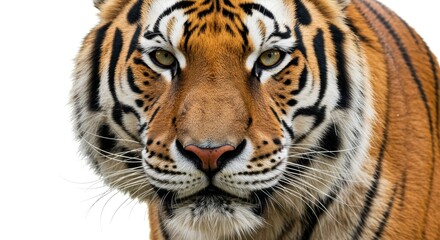 Naklejka premium Close Portrait of Striped Orange and Black Tiger Feline Isolated