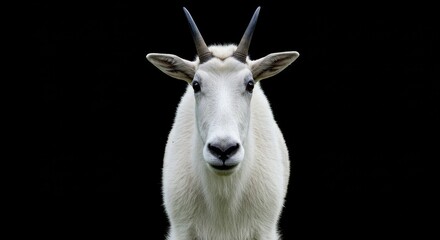 Close Up Portrait of a Wild White Mountain Goat Isolated On Black