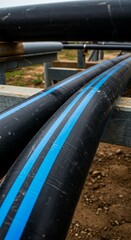 Close Up Photo of Industrial Black and Blue Pipes on Metal Structure