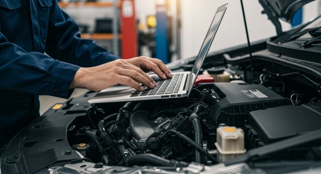 Automotive Photo Mechanic Repairing Car Engine with Laptop