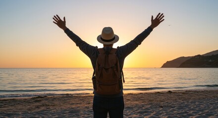 Backlit Man Adventure Freedom at Sunset Beach Travel Photo
