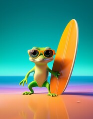 Ein 3D-Baby-Gecko in Neongr&uuml;n tr&auml;gt eine winzige Sonnenbrille 