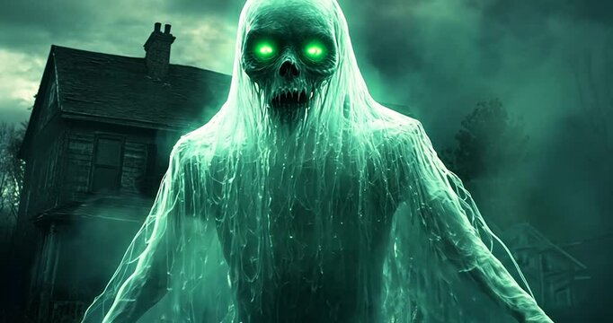Green Ghostly Figure Standing in front of a house with Green Eyes and a Ghostly Appearance, Dark Atmosphere and eerie lighting style